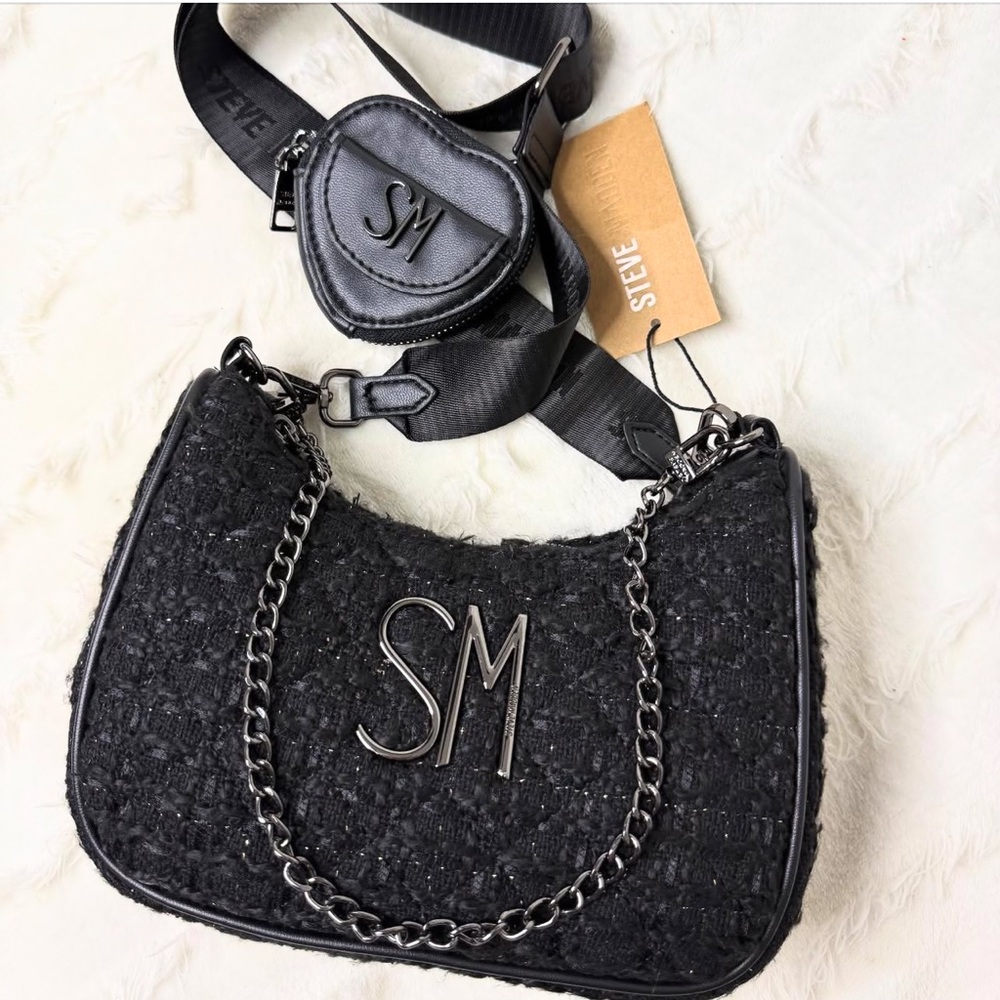Steve Madden Tamela Heart Shoulder Bag Purse Black Tweed Chain NWT